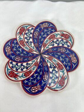 Handmade Turkish Ceramic Trivet With Floral Tulip Design Blue & Red 7 Inches Sca
